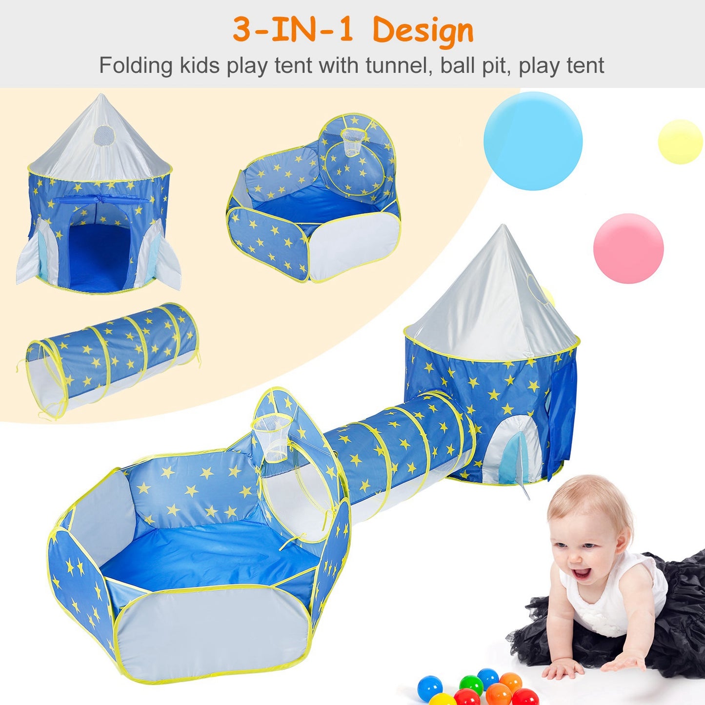 Kids Play Tent 3-in-1 with Tunnel and Ball Pit