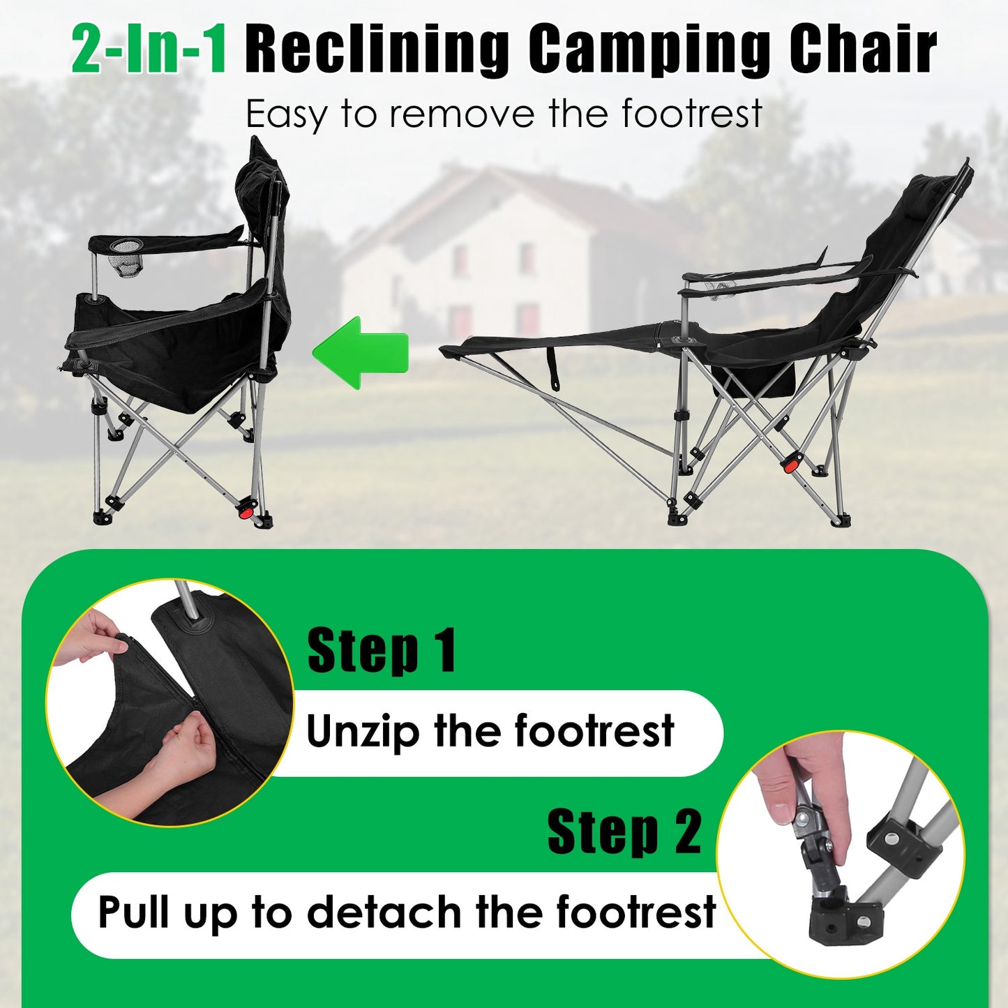 Reclining Camping Chair with Footrest - 4-Position Adjustable