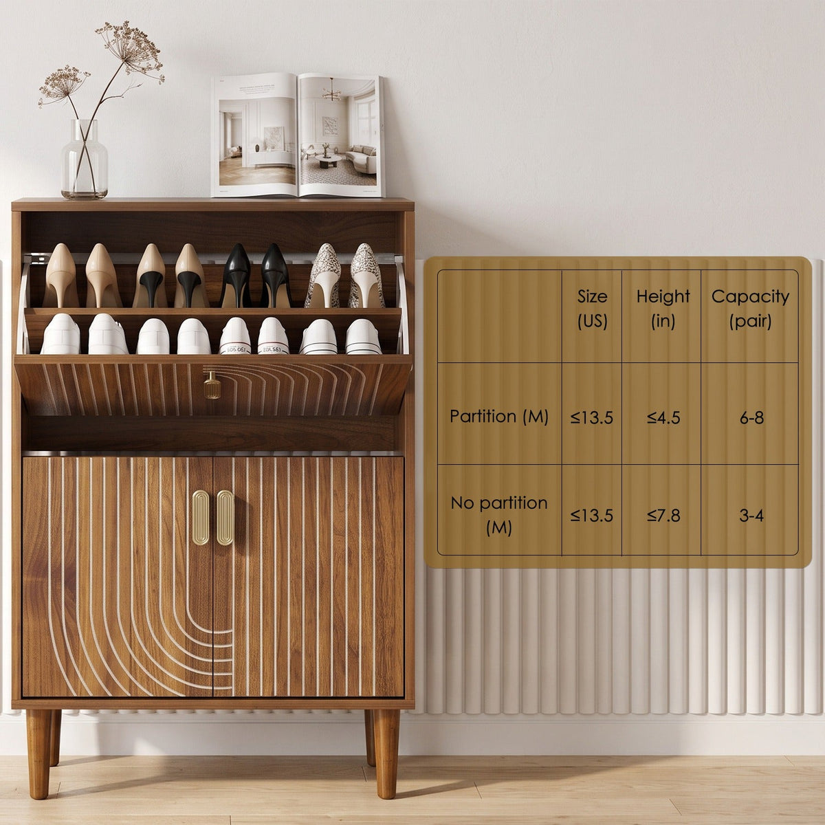 Slim Shoe Storage Cabinet with 2 Flip Drawers & Gold Handles