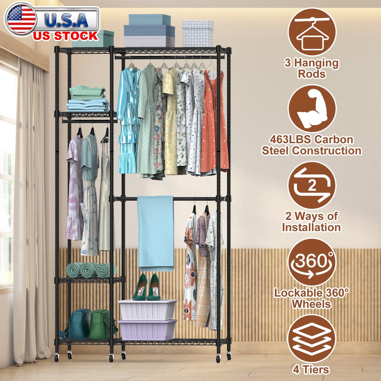 4-Tier Heavy Duty Garment Rack with Wheels - 463 lbs Capacity