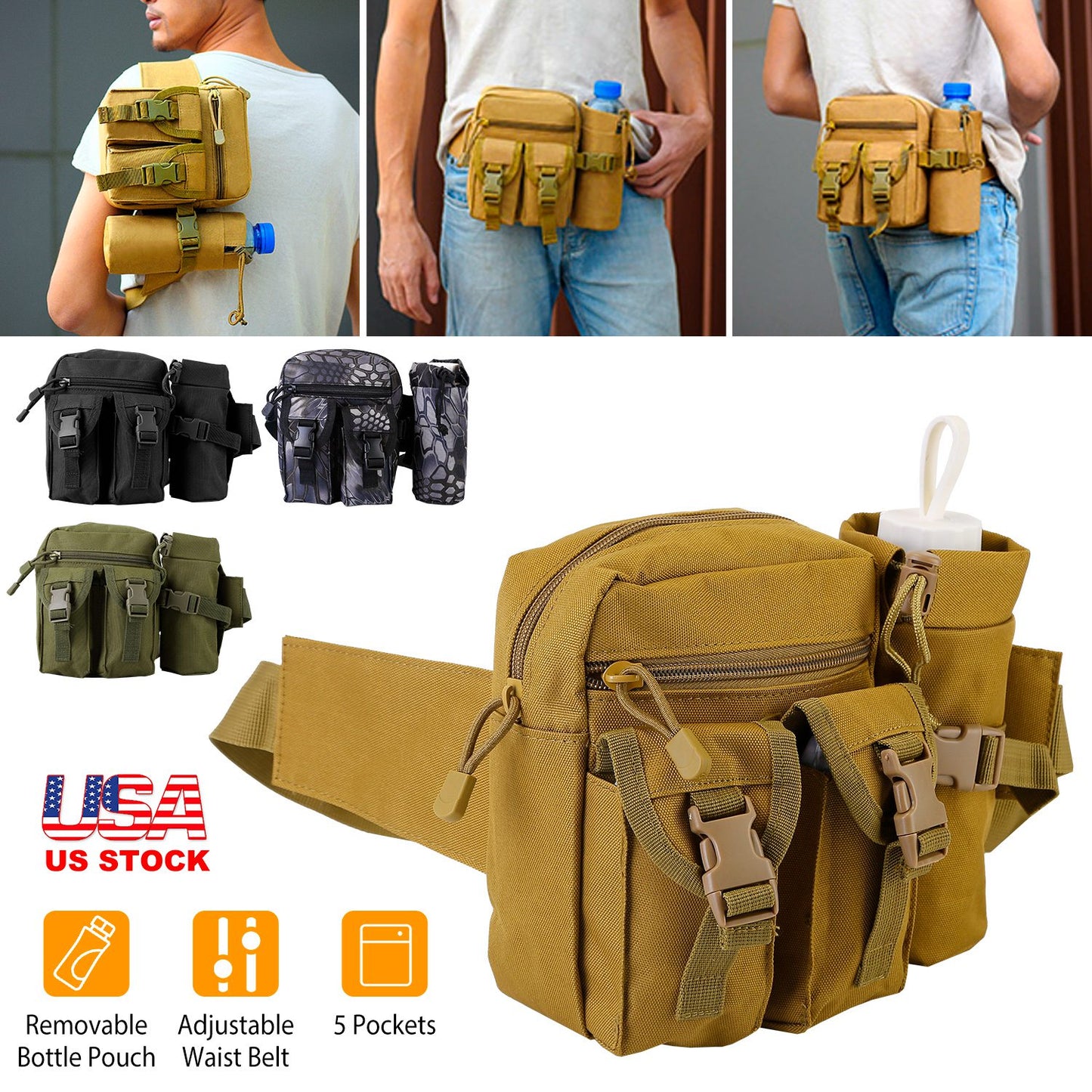 Tactical Waist Bag with Water Bottle Holder - 20L Capacity