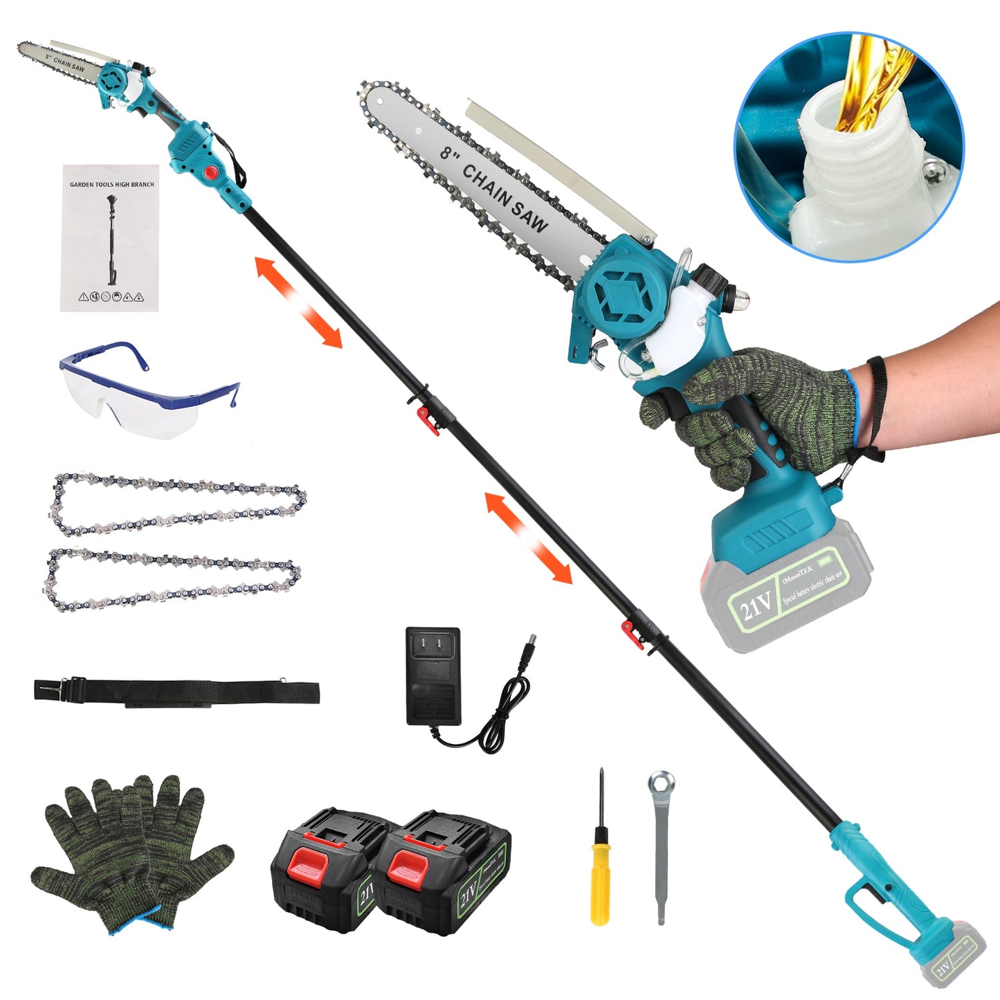 Cordless Pole Saw 21V with Extension Pole and Mini Chainsaw