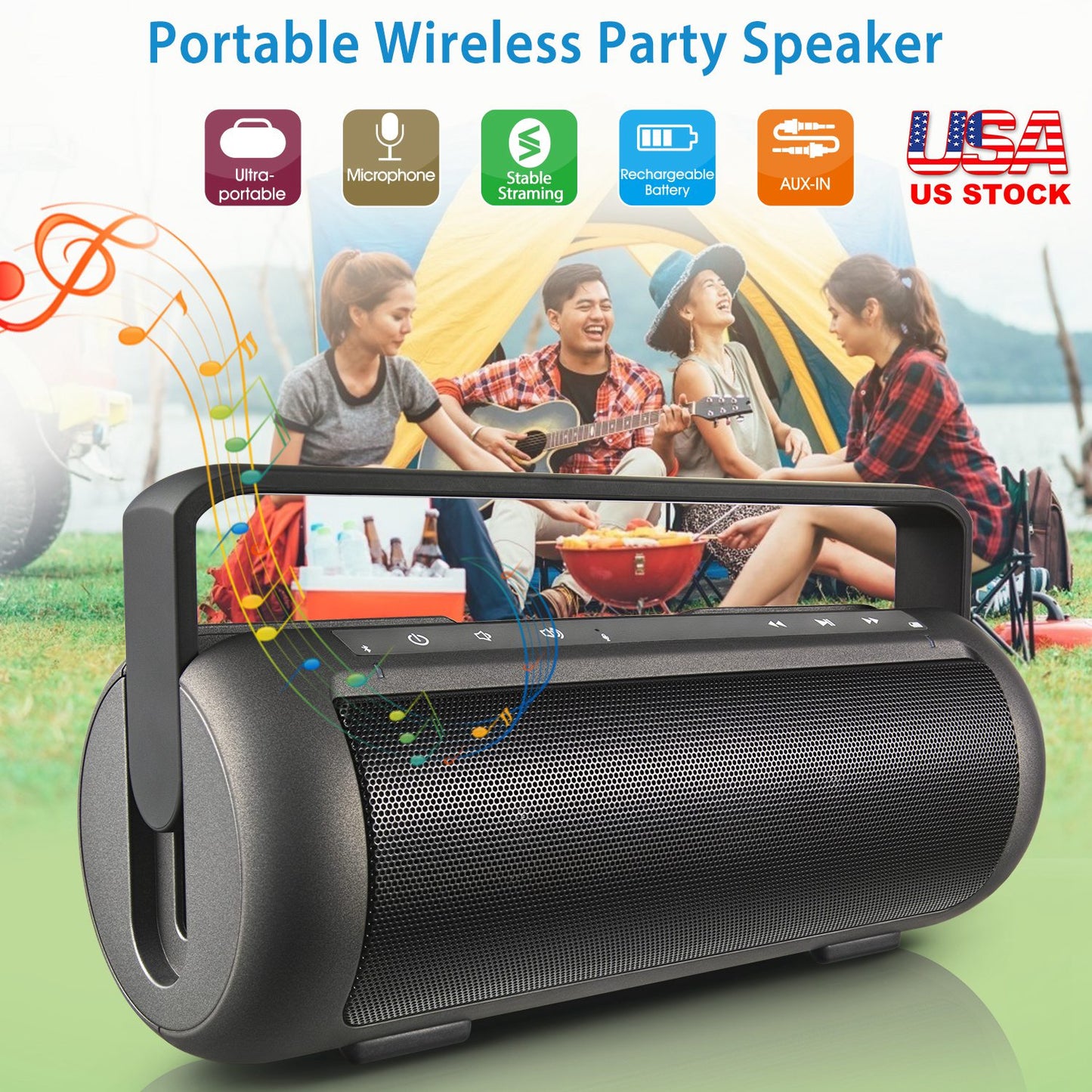 Portable Wireless Speaker with Dual Subwoofer & Microphone