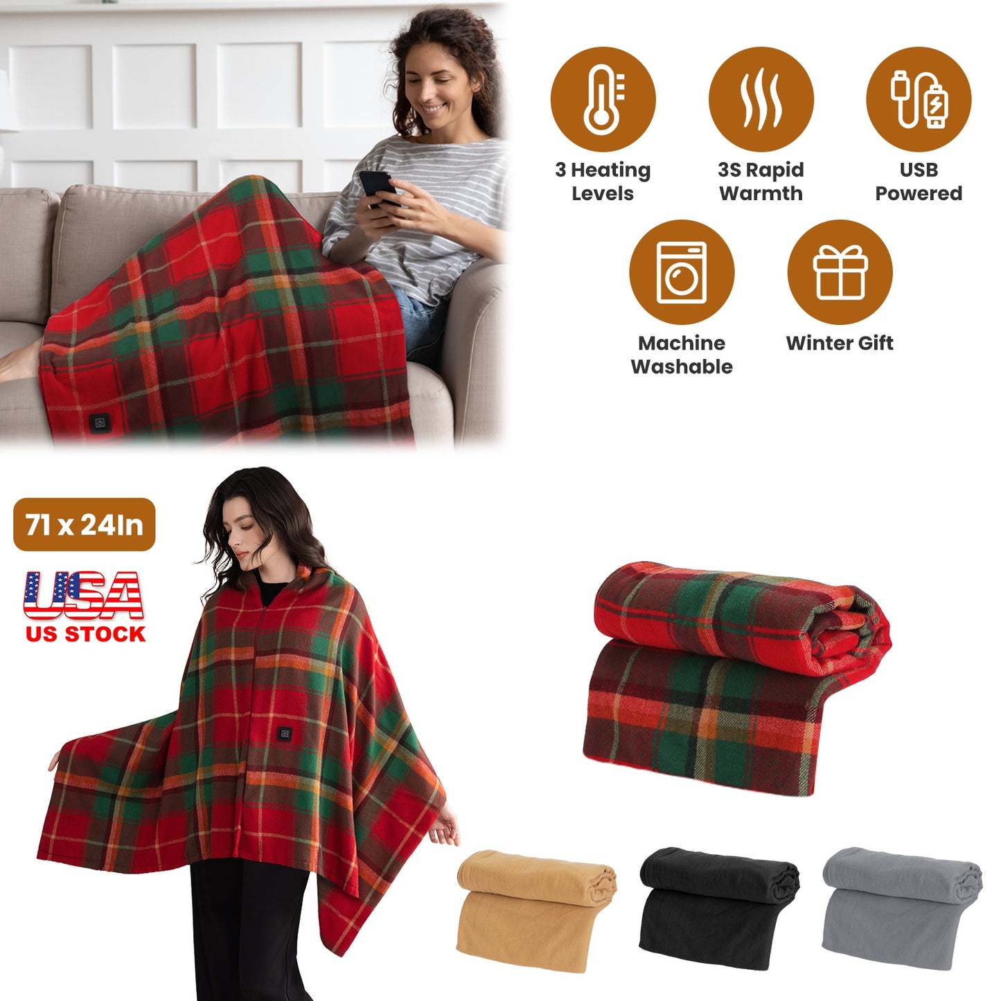 USB Heated Shawl with 3 Heat Levels and Zipper