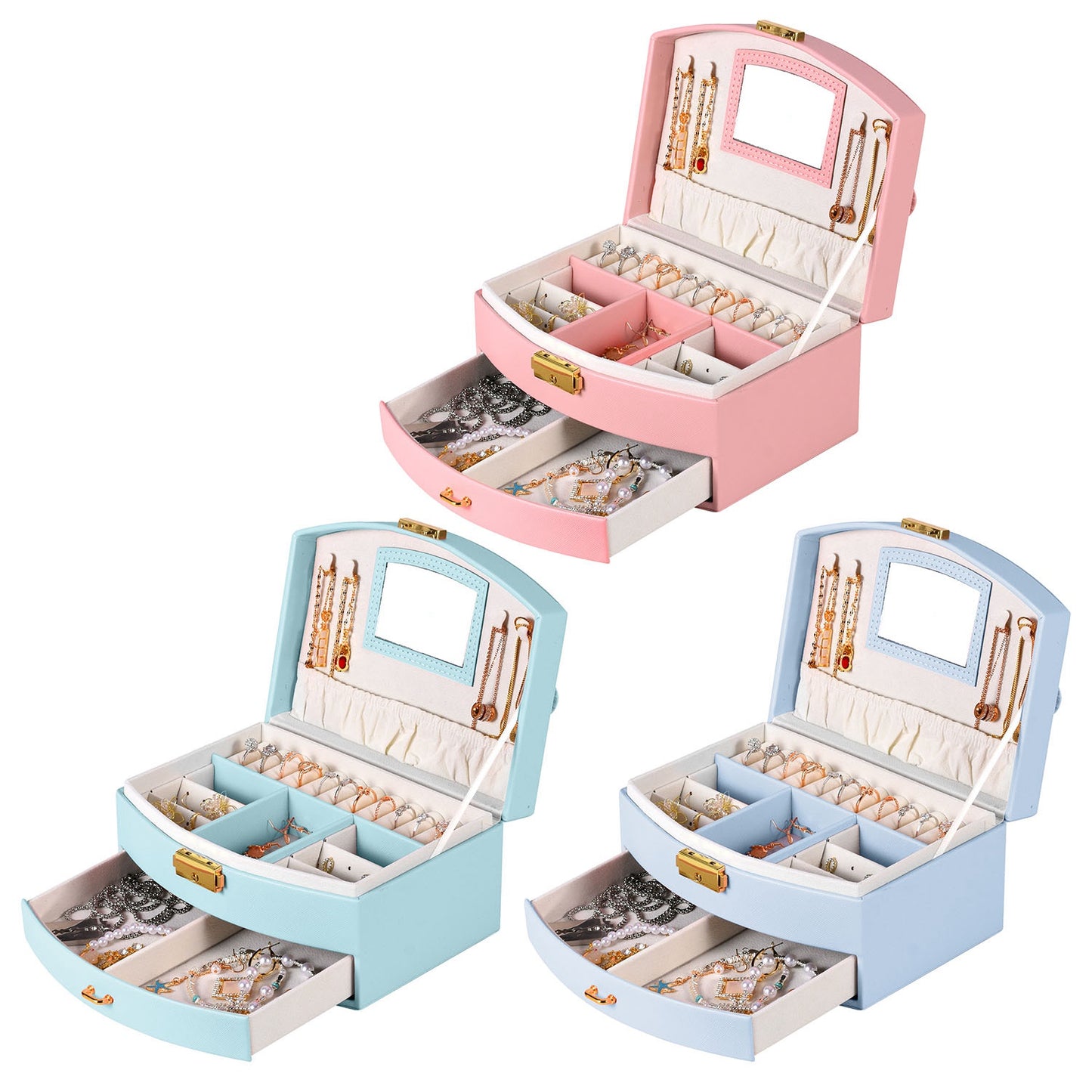 2-Layer Lockable Jewelry Box with Travel Handle & Mirror