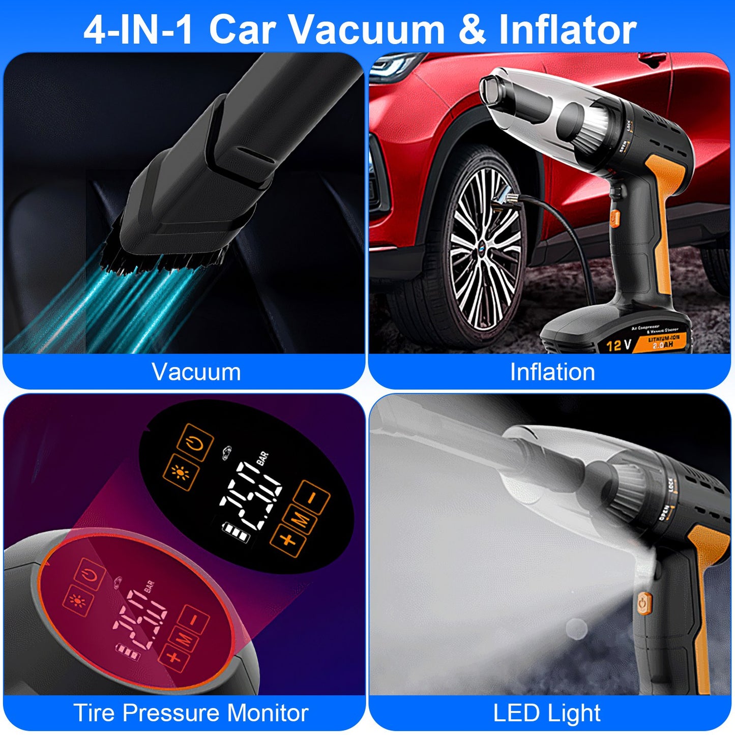 4-in-1 Cordless Car Vacuum Cleaner & Tire Inflator with LED