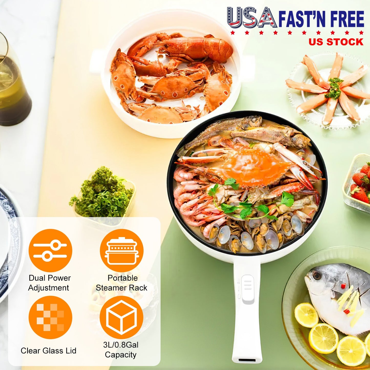 Electric Hot Pot with Steamer Rack - 3L Non-Stick Cooker