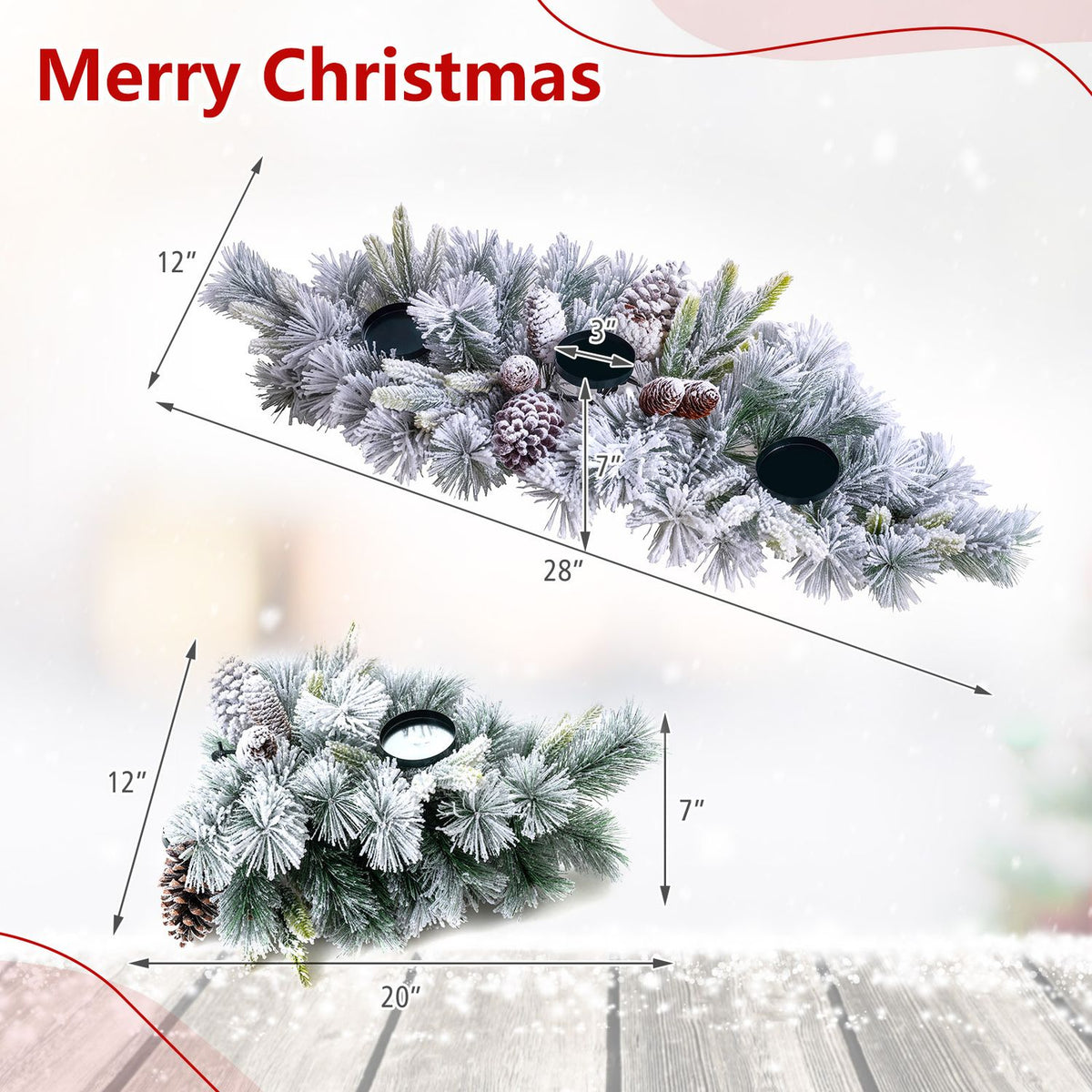 28" Foldable Christmas Centerpiece 3 Candle Holder Set of 2 with Pine Needles and 6 Natural Pine Cones