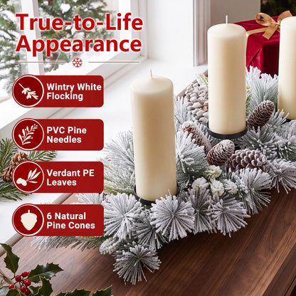 28" Foldable Christmas Centerpiece 3 Candle Holder Set of 2 with Pine Needles and 6 Natural Pine Cones
