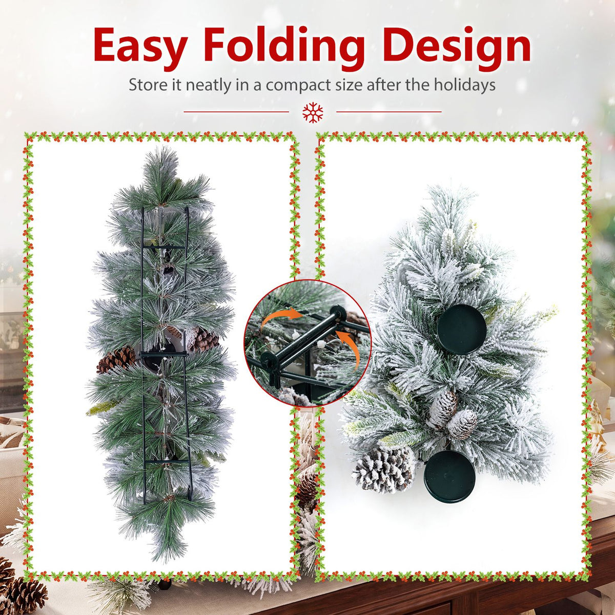 28" Foldable Christmas Centerpiece 3 Candle Holder Set of 2 with Pine Needles and 6 Natural Pine Cones
