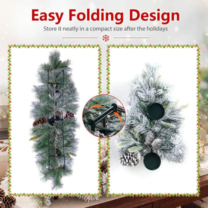 28" Foldable Christmas Centerpiece 3 Candle Holder Set of 2 with Pine Needles and 6 Natural Pine Cones
