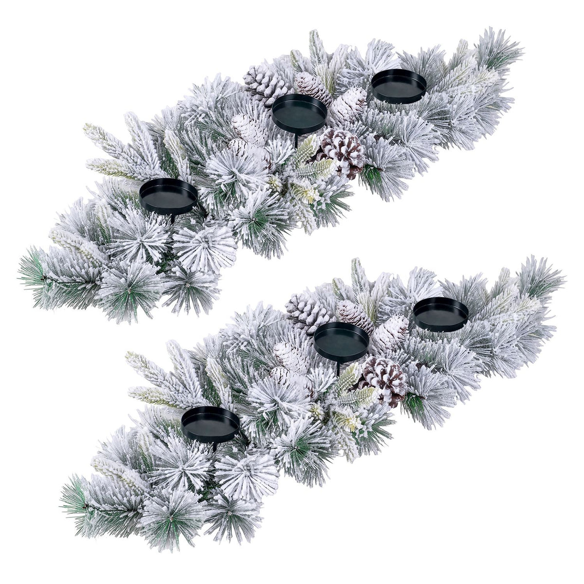 28" Foldable Christmas Centerpiece 3 Candle Holder Set of 2 with Pine Needles and 6 Natural Pine Cones