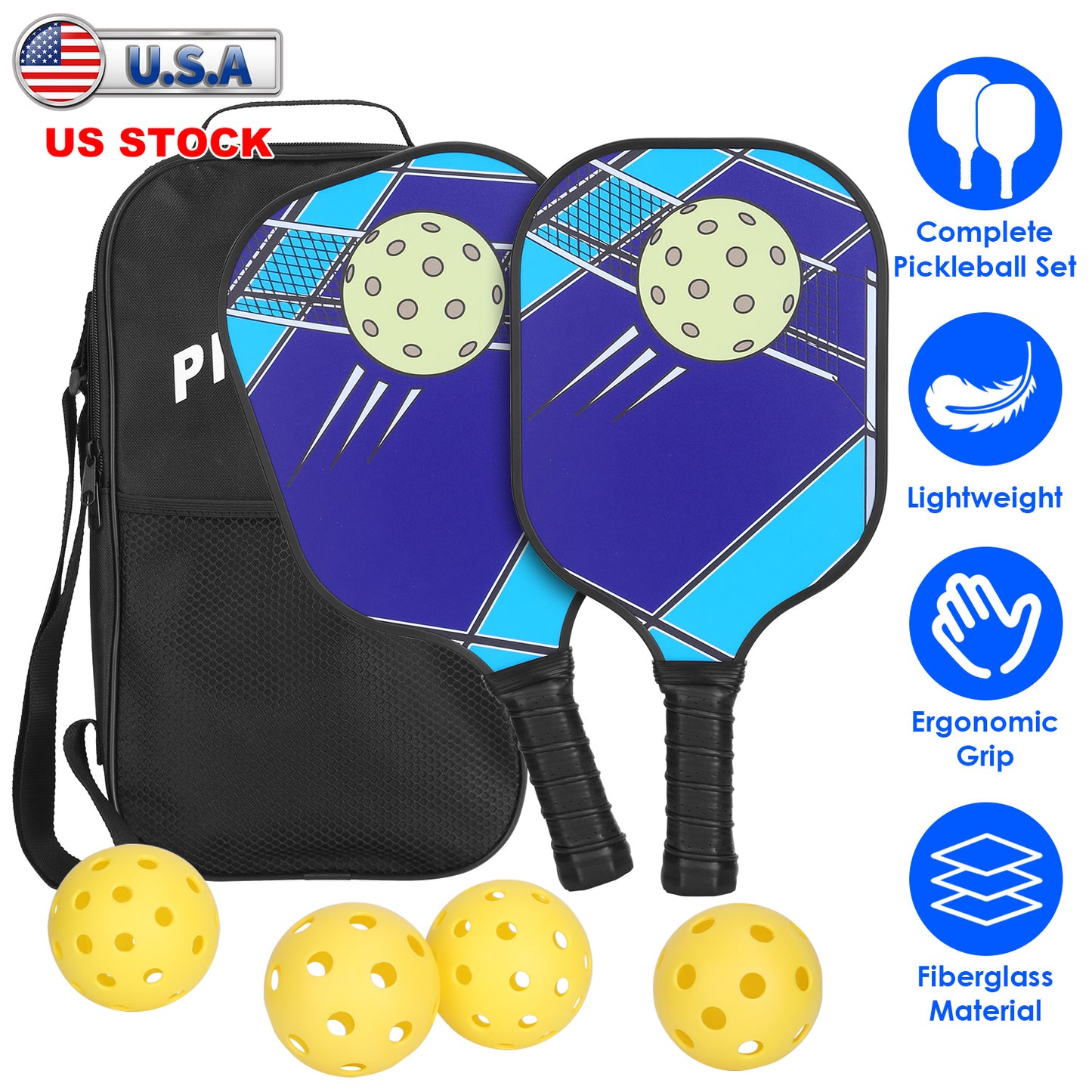 Pickleball Set with 2 Fiberglass Paddles & 4 Balls
