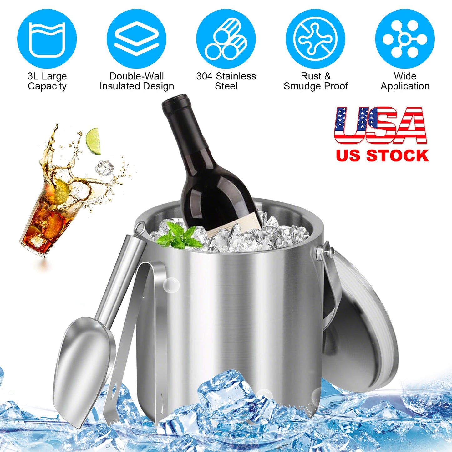 Insulated Ice Bucket 3L Double-Wall Stainless Steel with Lid