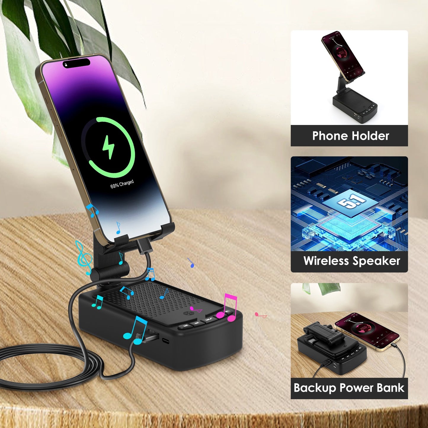 3-in-1 Phone Stand with Wireless Speaker & Power Bank