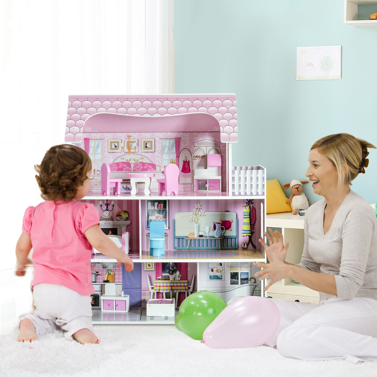 28 Inch Pink Dollhouse with Furniture