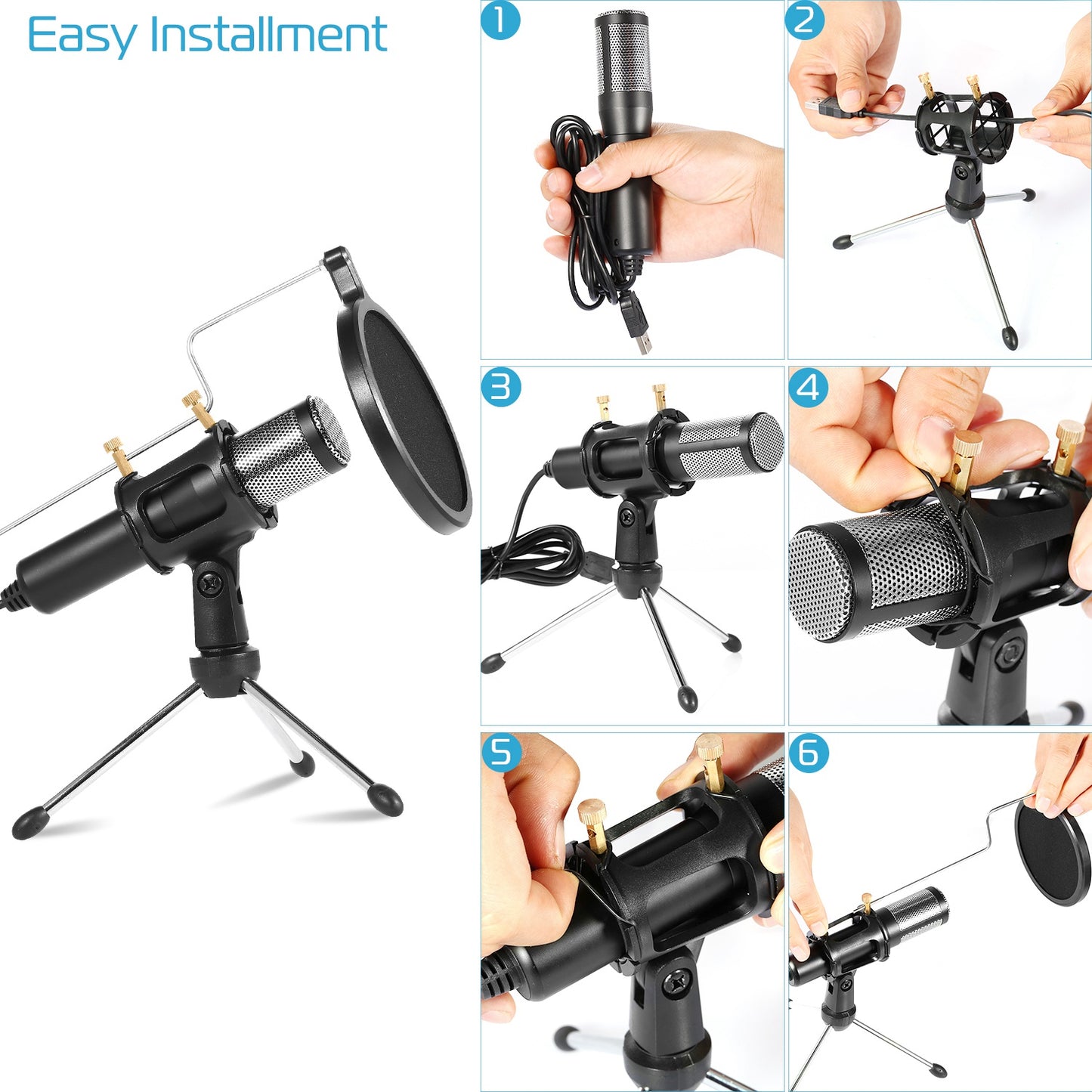 USB Condenser Microphone with Tripod Stand & Pop Filter