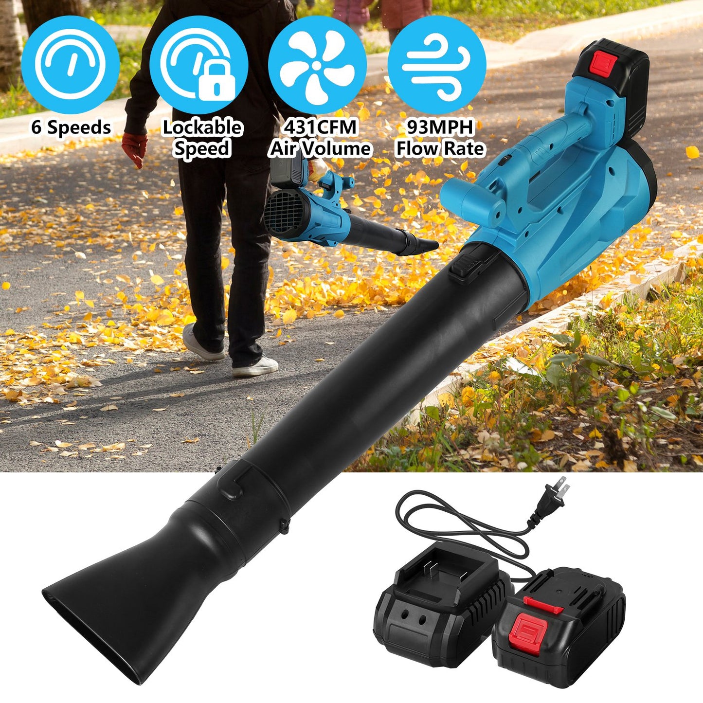 Cordless Leaf Blower 93MPH 431CFM with 2 Batteries