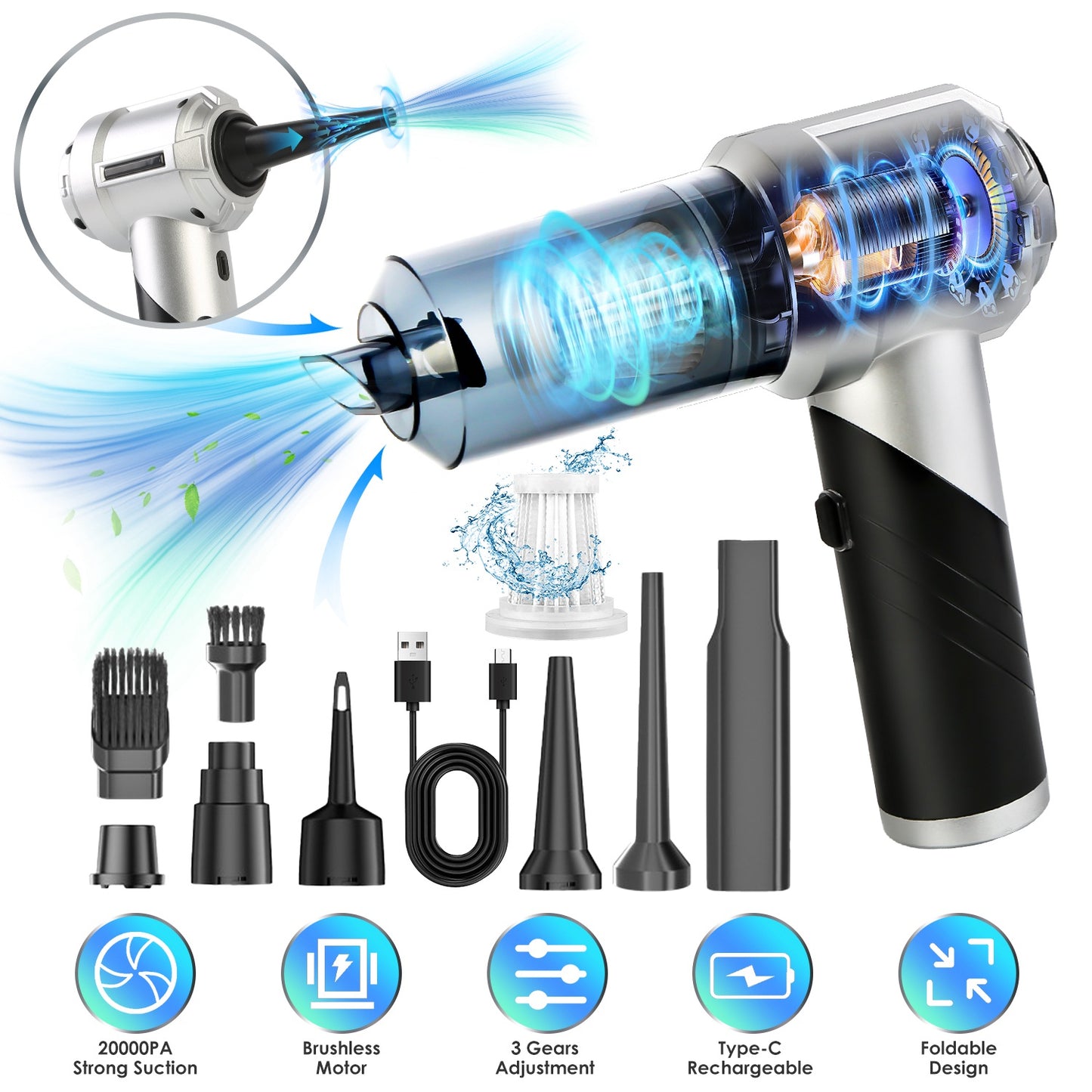 Cordless Car Vacuum Cleaner with 20000PA Suction & Brushless Motor