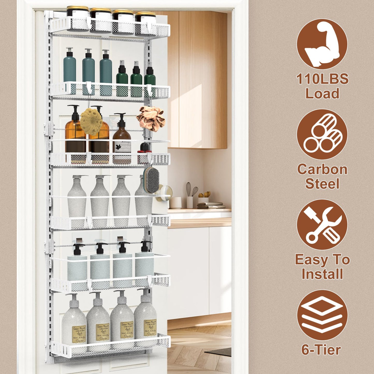 Over The Door Organizer 6-Tier Pantry Rack with 110lb Capacity