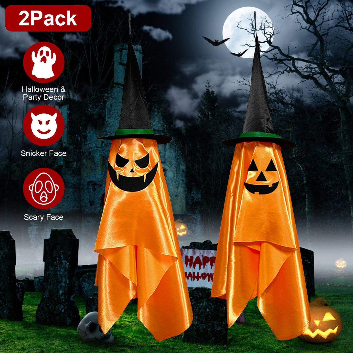Hanging Pumpkin Wizard Hat Ghosts - 2 Pack Halloween Decoration