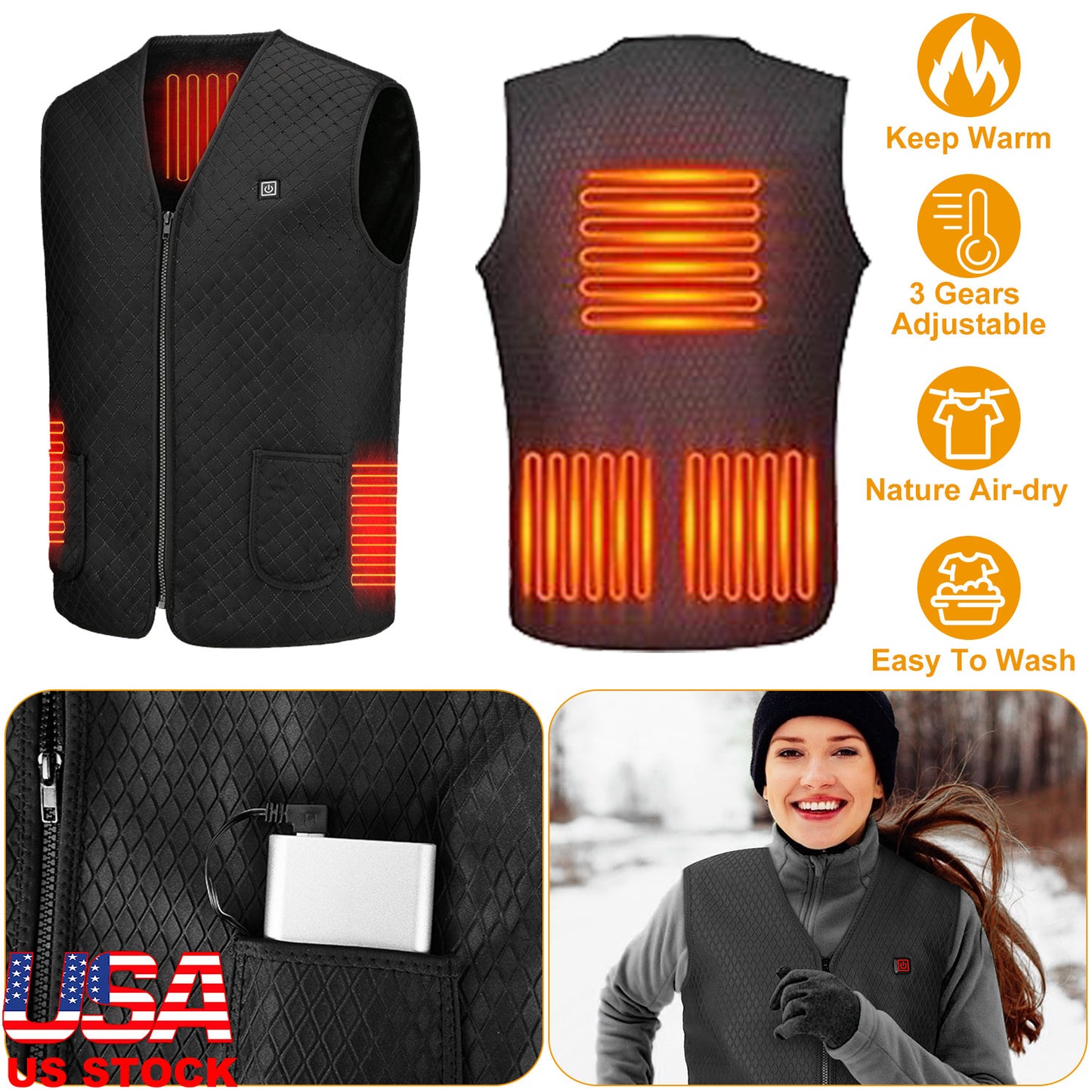 USB Heated Vest with 5 Heating Zones - 3 Temperature Settings