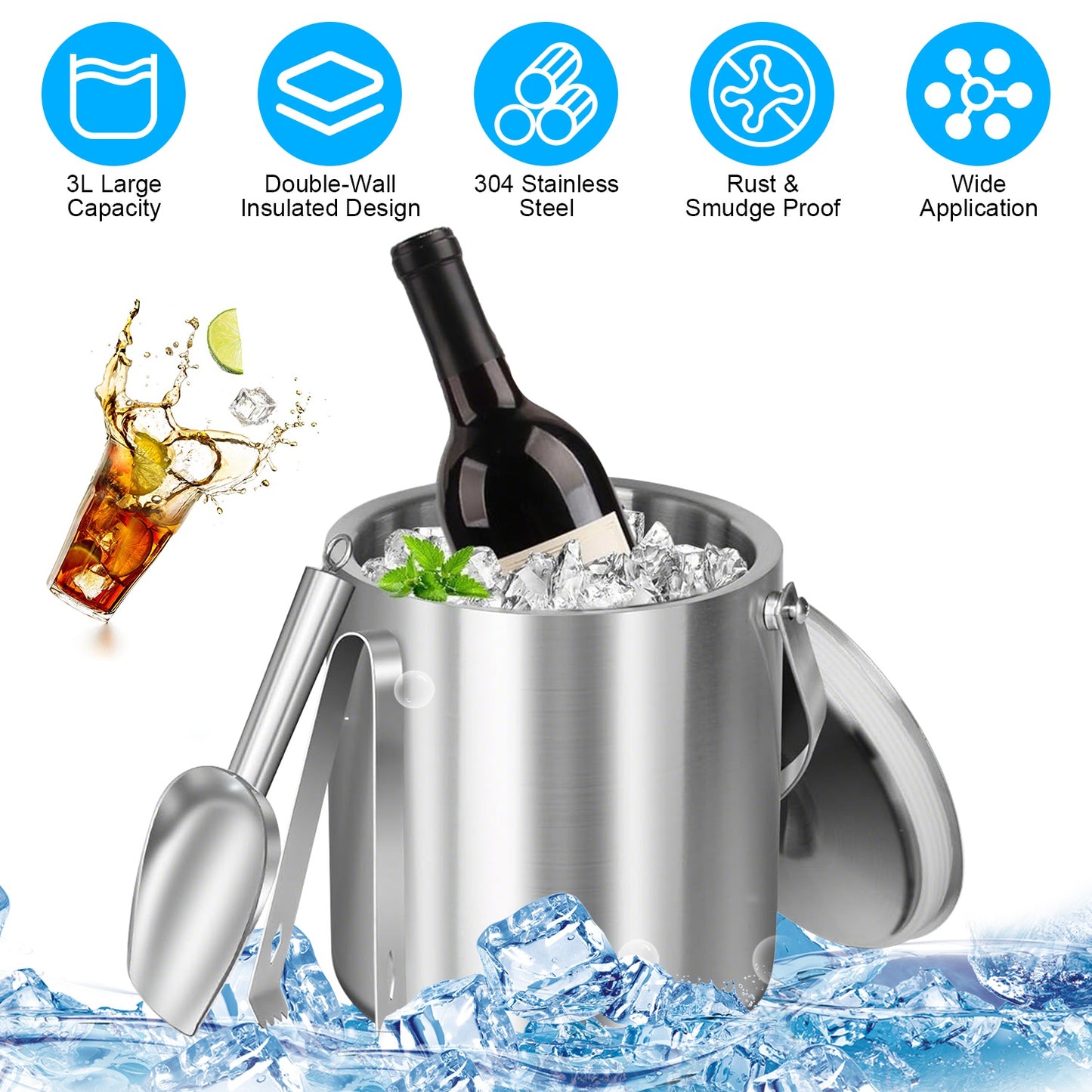 Insulated Ice Bucket 3L Double-Wall Stainless Steel with Lid