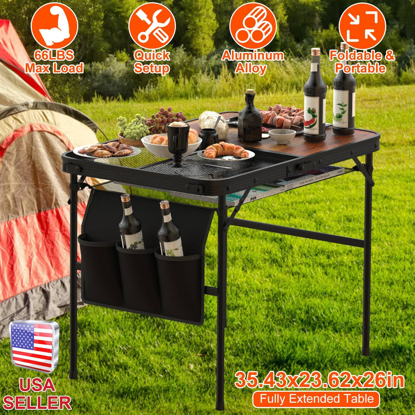Foldable Camping Table with Adjustable Height & Storage Net
