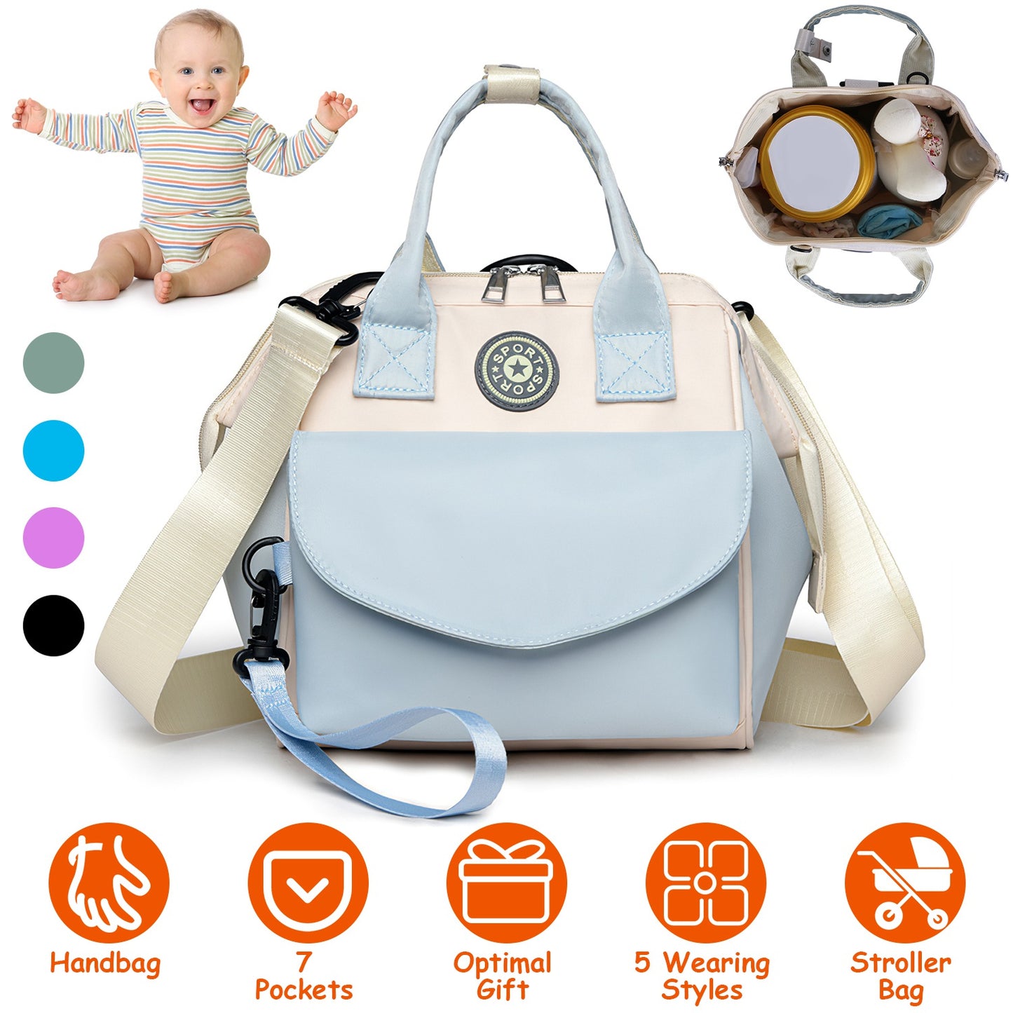 Diaper Bag with 6 Pockets and Detachable Small Bag