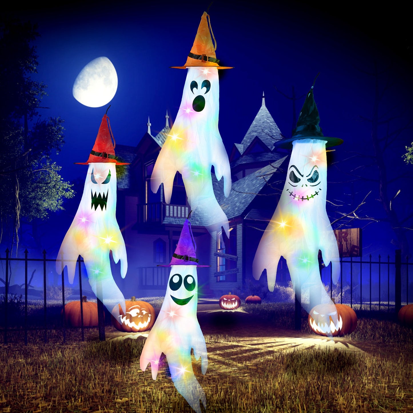 Halloween Ghost Windsocks with Witch Hats & LED Lights (4-Pack)