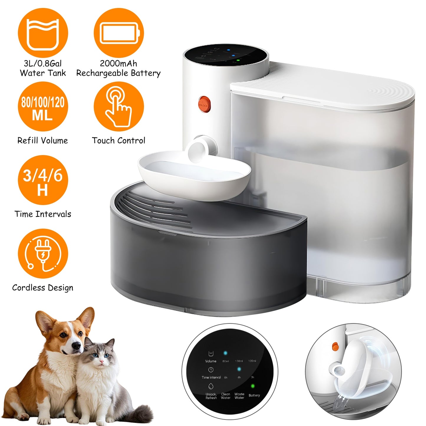 Automatic Pet Water Fountain 3L Cordless Self-Refilling Dispenser