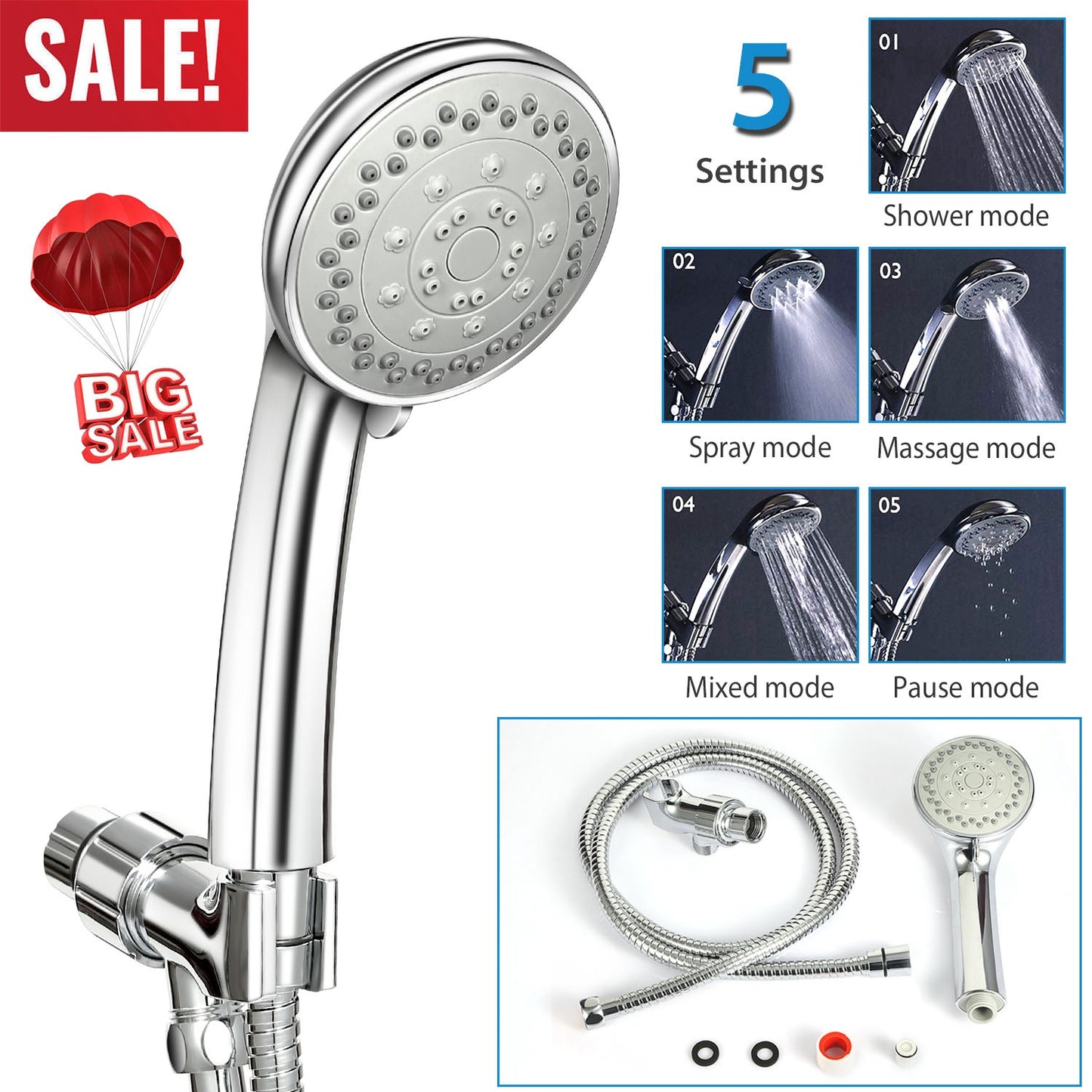 Handheld Shower Head with 5 Spray Settings & Steel Hose