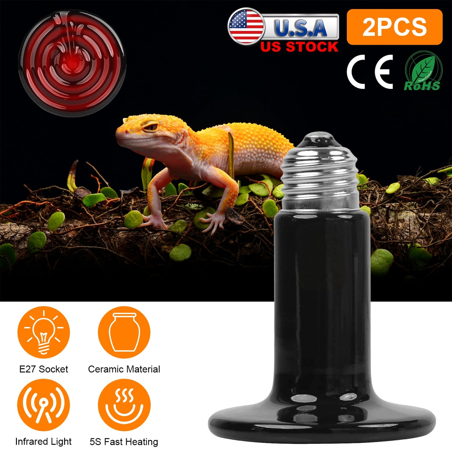 Ceramic Heat Lamp 150W Infrared Reptile Heater - 2 Pack