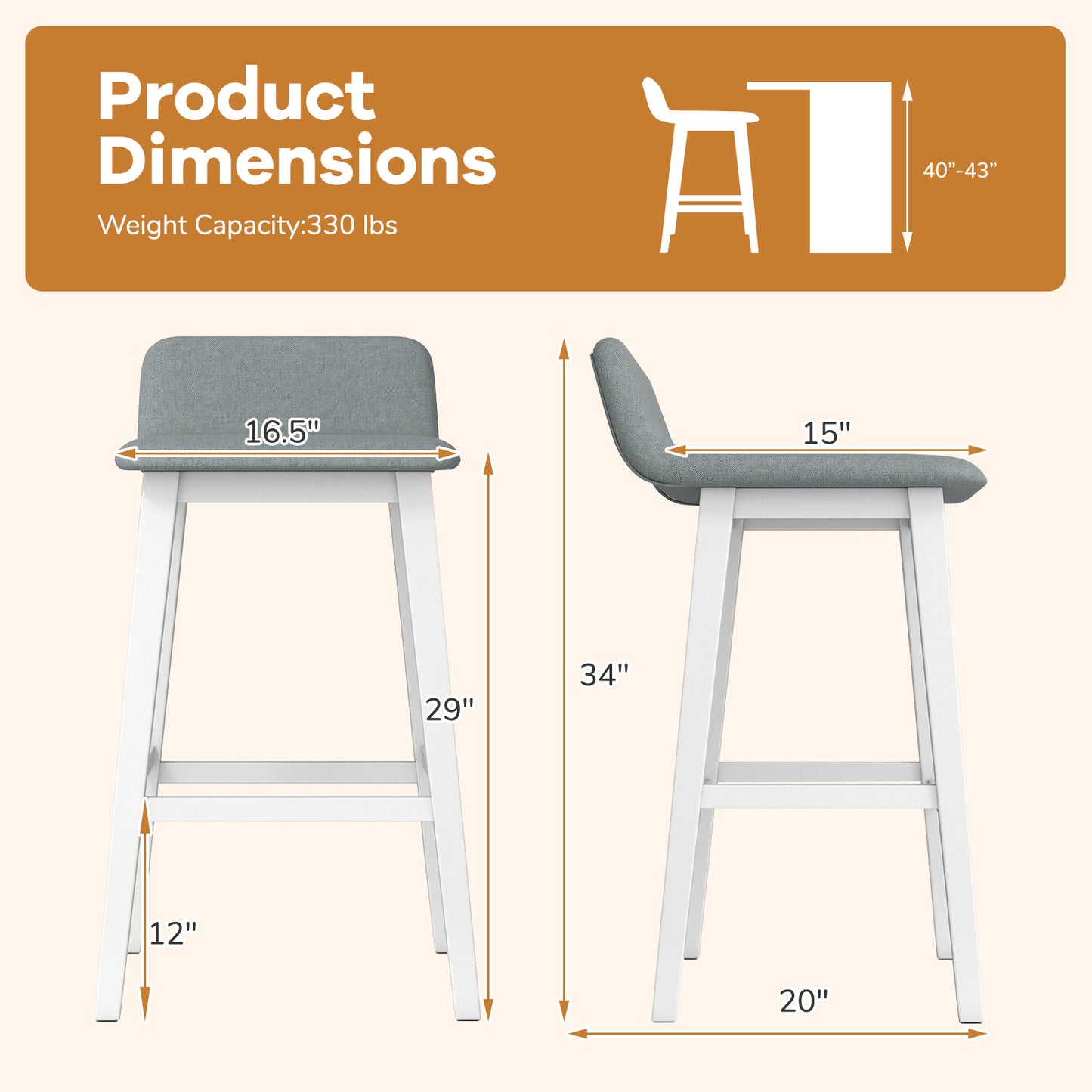 29-Inch Padded Bar Stool with Low Back and Wood Legs