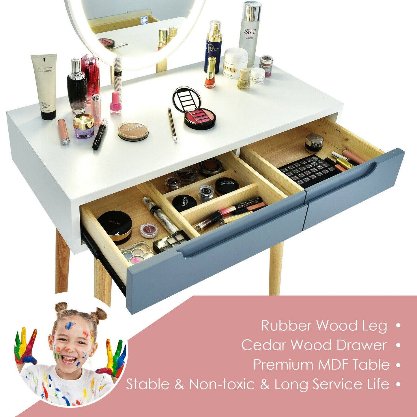 Vanity Makeup Table with Lighted Mirror and Stool Set
