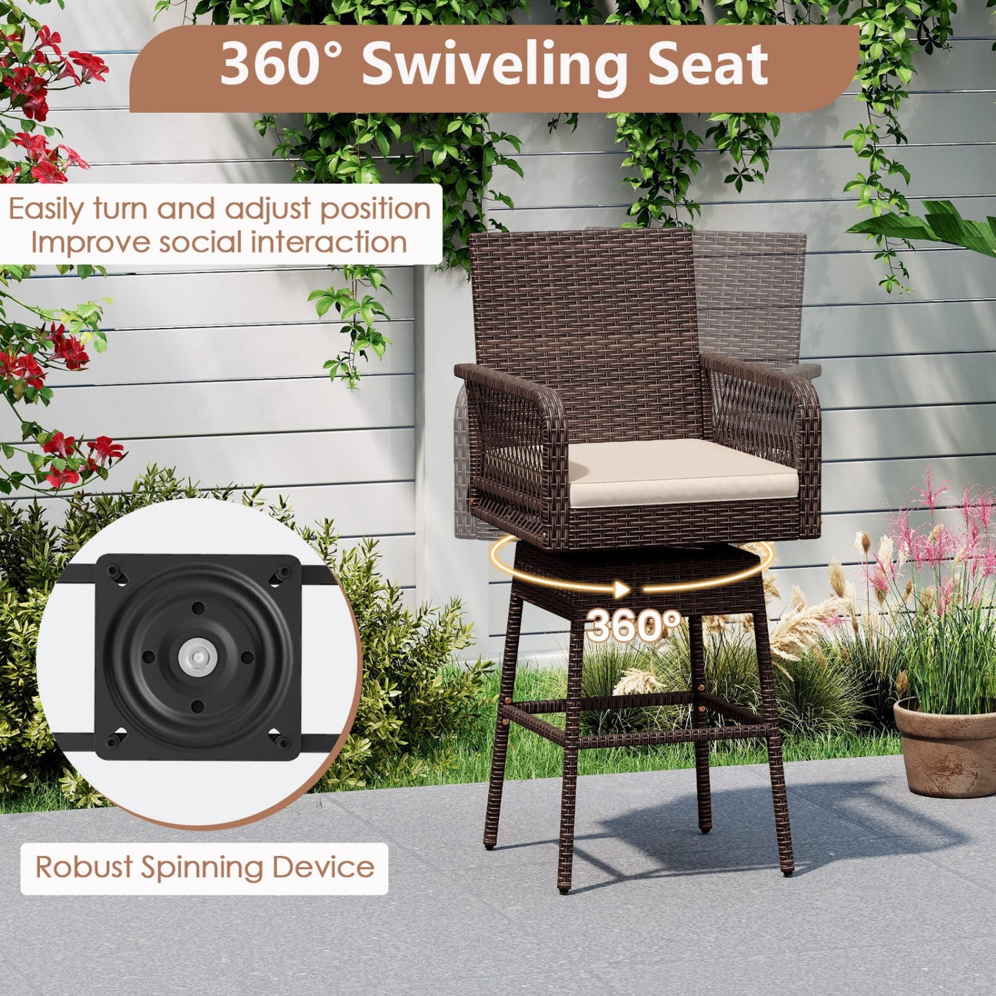 360° Swivel Bar Stool 29" Height with Cushion & Armrests