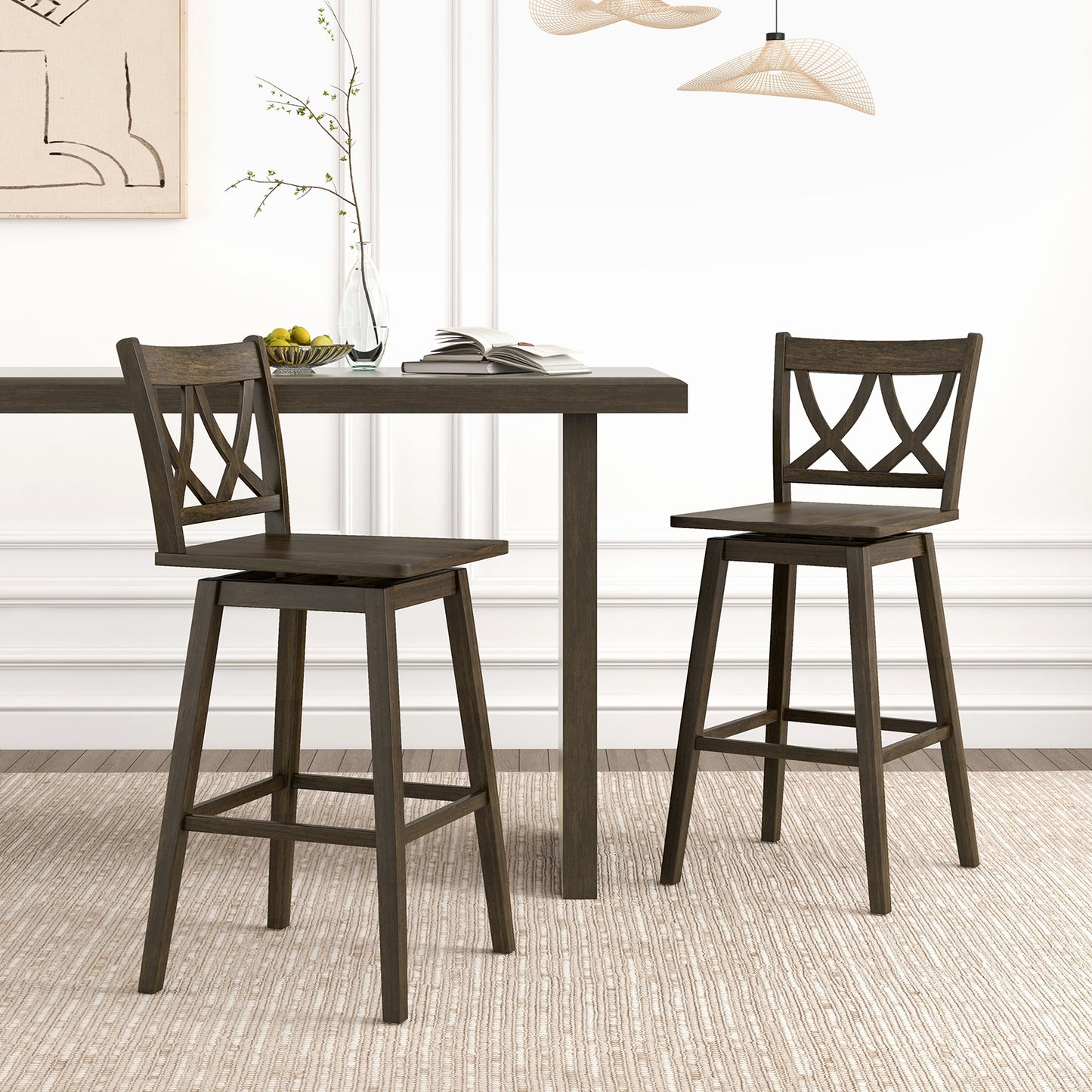 Swivel Bar Stool Set of 2 with Rubber Wood Frame