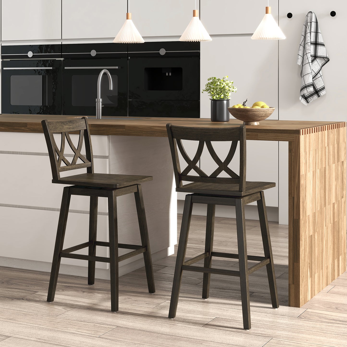 Swivel Bar Stool Set of 2 with Rubber Wood Frame