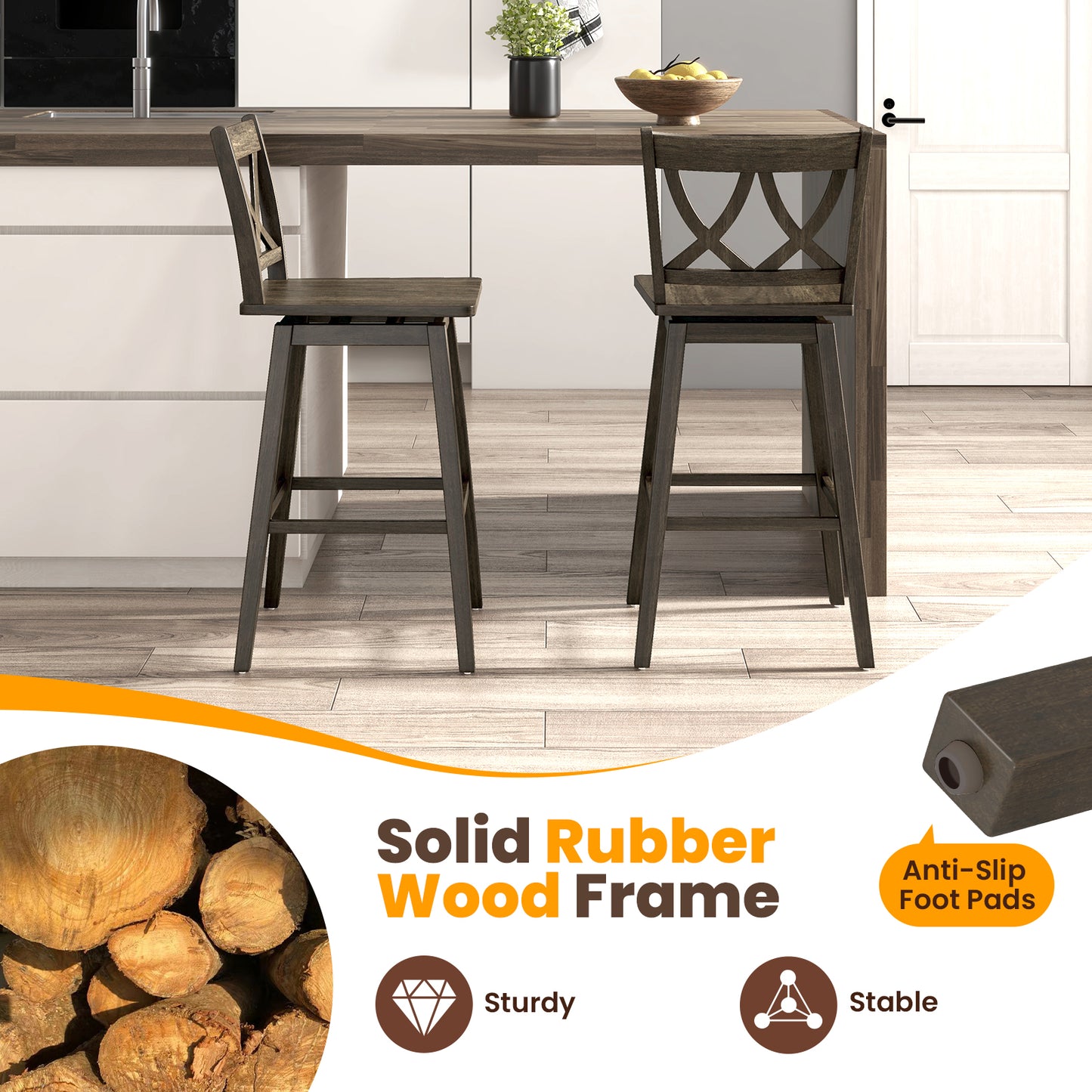 Swivel Bar Stool Set of 2 with Rubber Wood Frame
