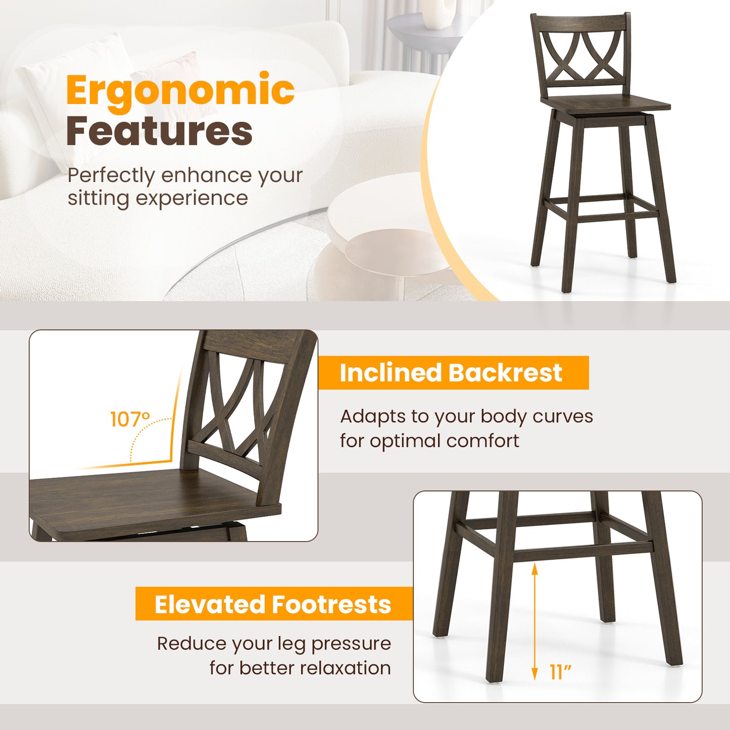 Swivel Bar Stool Set of 2 with Rubber Wood Frame