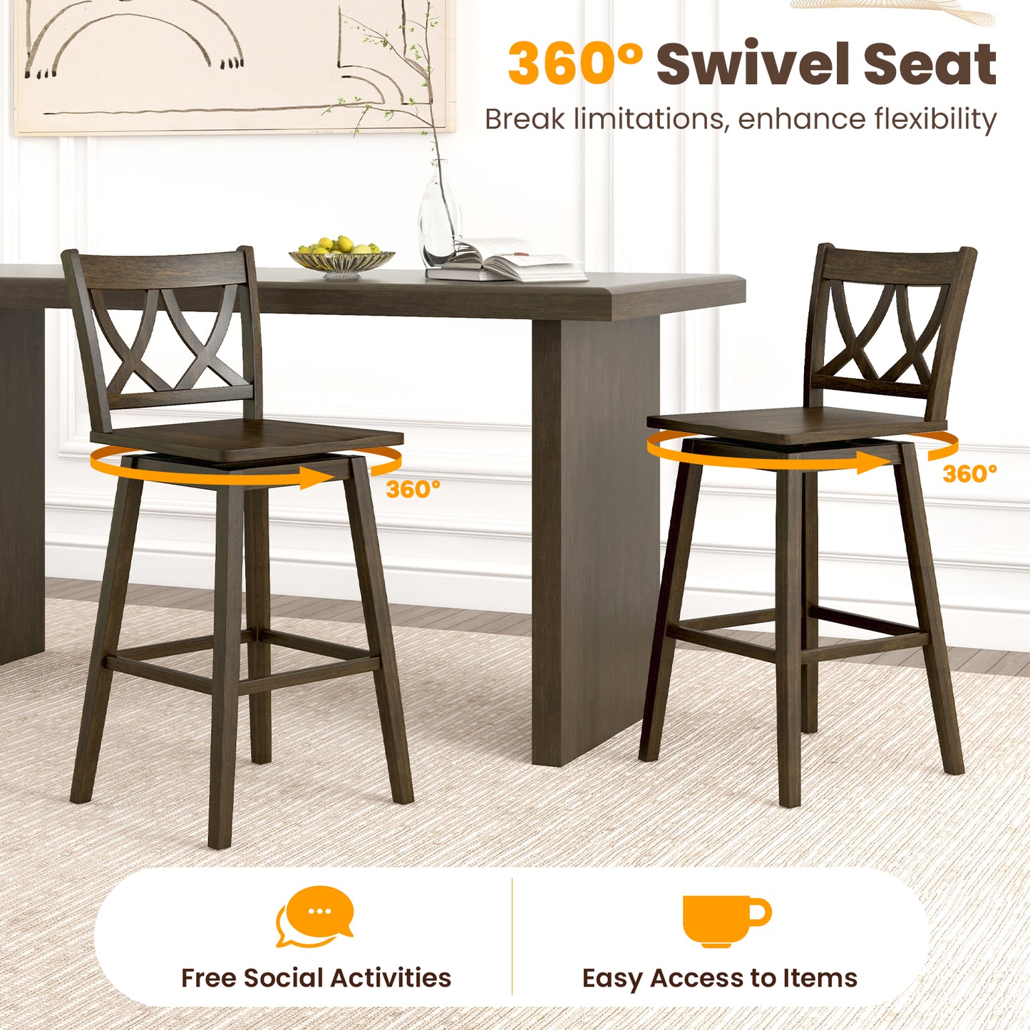 Swivel Bar Stool Set of 2 with Rubber Wood Frame