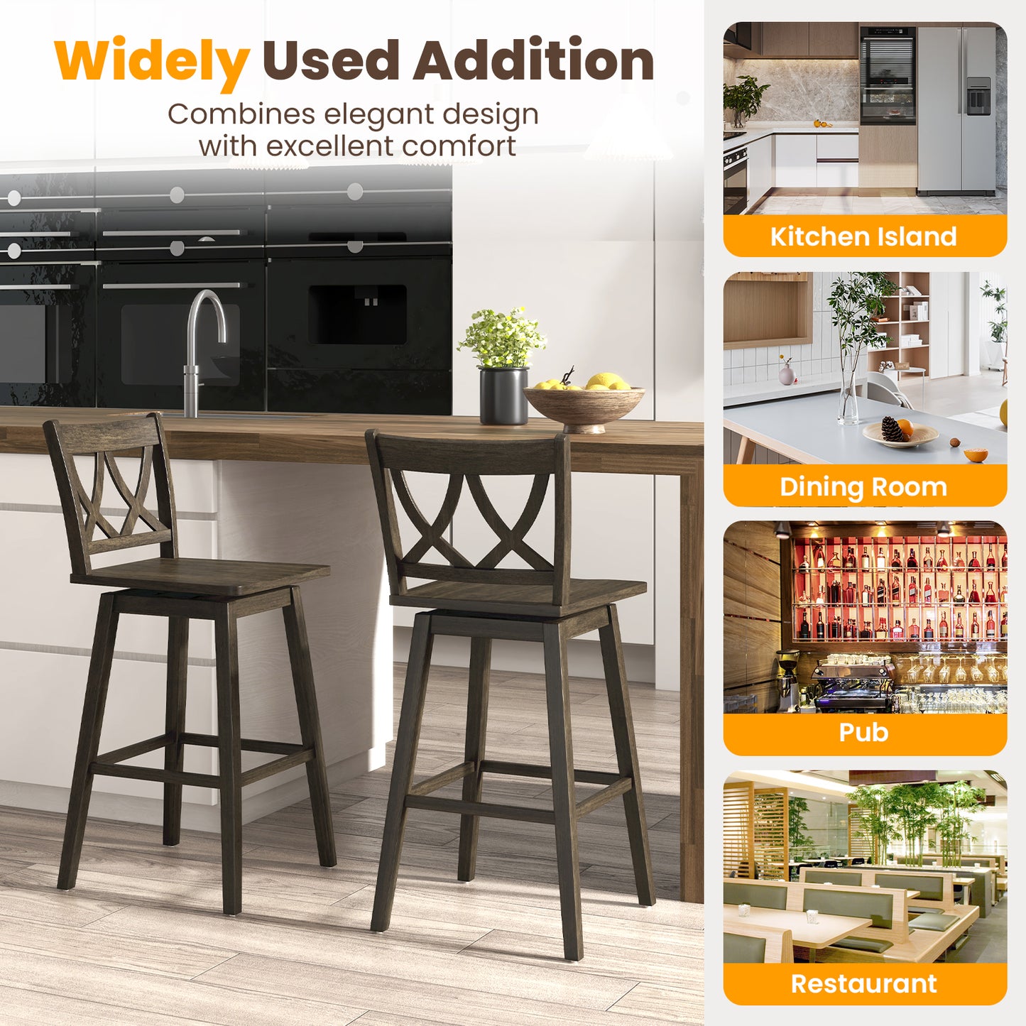Swivel Bar Stool Set of 2 with Rubber Wood Frame