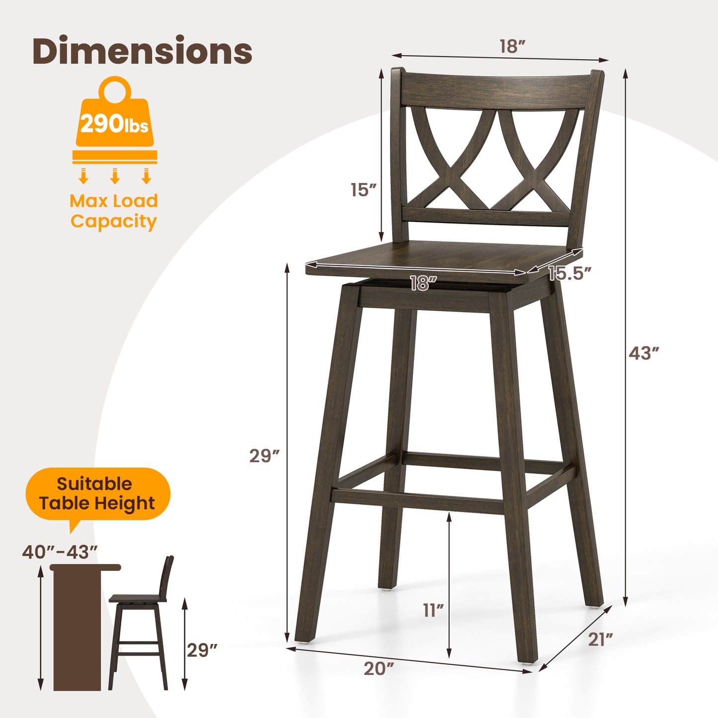 Swivel Bar Stool Set of 2 with Rubber Wood Frame