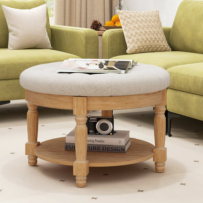 29 Inch Large Round Ottoman Coffee Table 2-Tier Upholstered Tufted Footrest Ottoman with Flip-up Top-Beige
