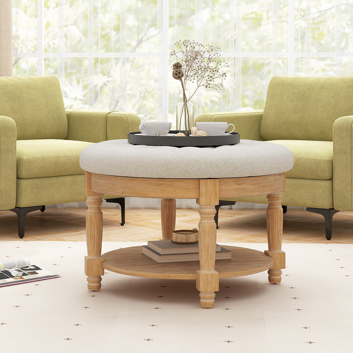29 Inch Large Round Ottoman Coffee Table 2-Tier Upholstered Tufted Footrest Ottoman with Flip-up Top-Beige