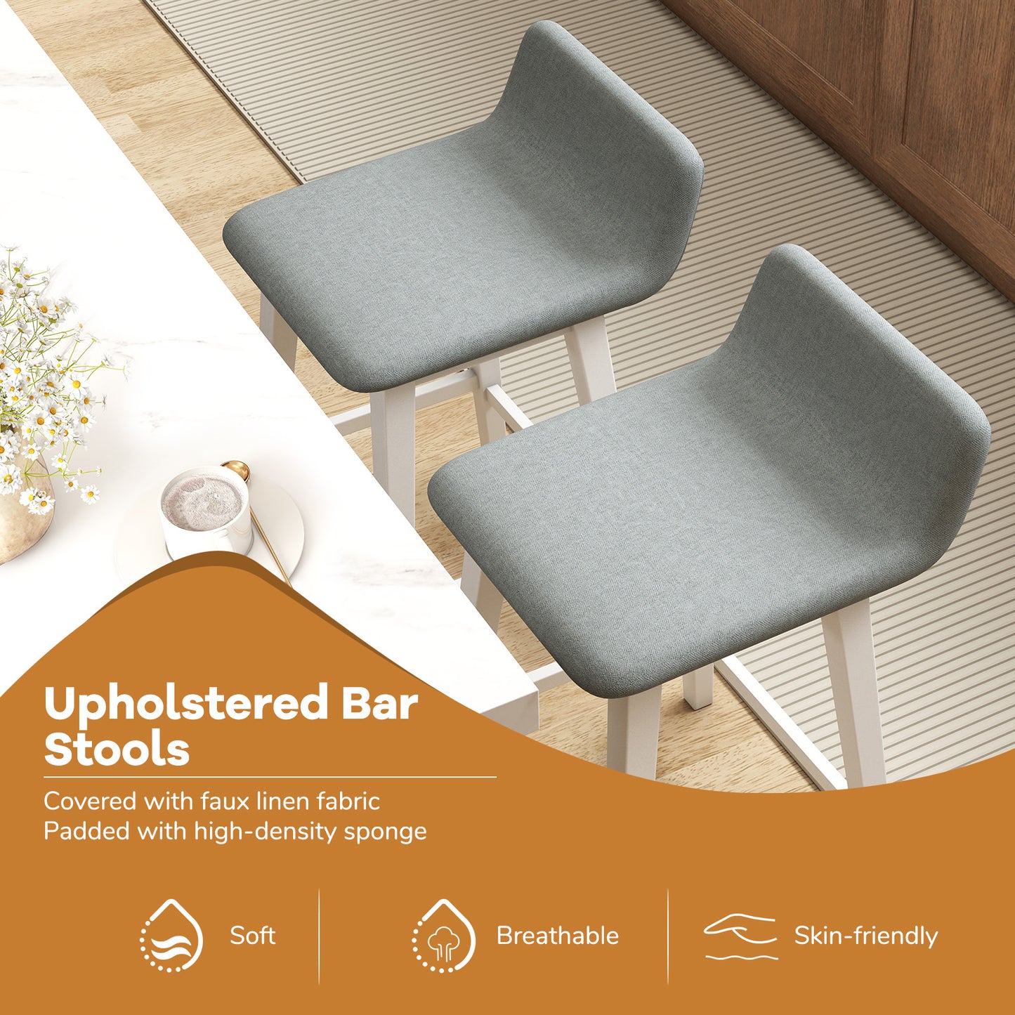 29-Inch Padded Bar Stool with Low Back and Wood Legs