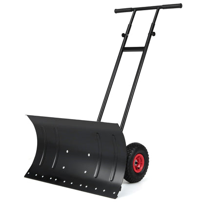 29 Inch Snow Pusher Heavy Duty Metal Shovel with Wheels and Adjustable Handle-Black