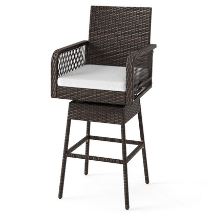 29 Inches Patio 360¬∞ Swivel Bar Stool with Cross-Woven Armrests and Seat Cushion-White