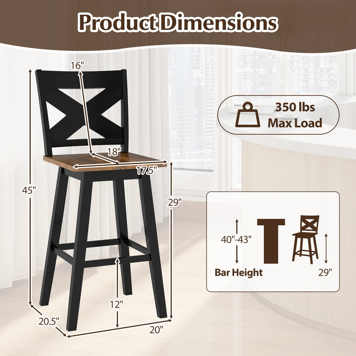 29" Rubberwood Swivel Barstools Set of 2 with Backrest and Large Seat