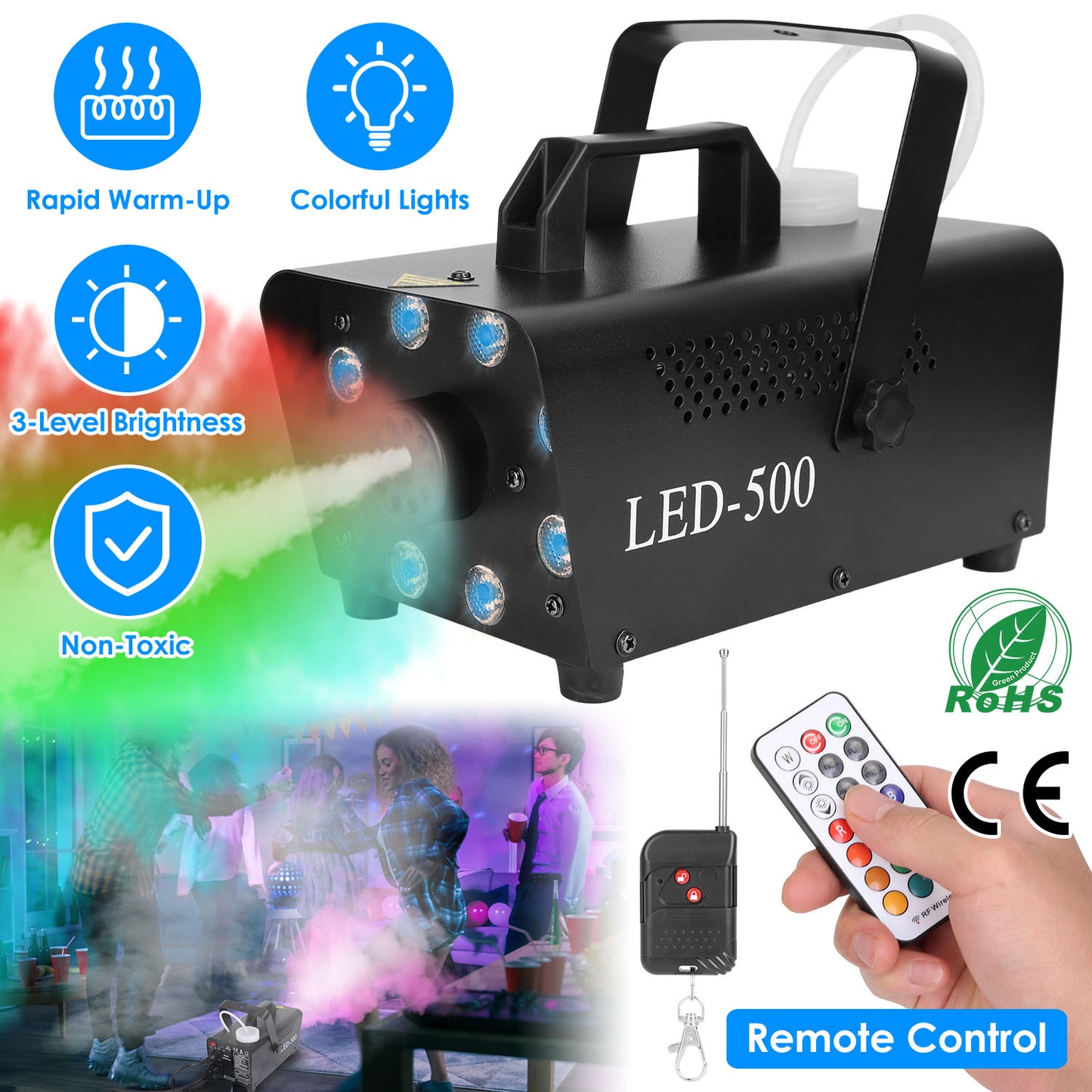 500W Fog Machine with LED Lights and Remote Control